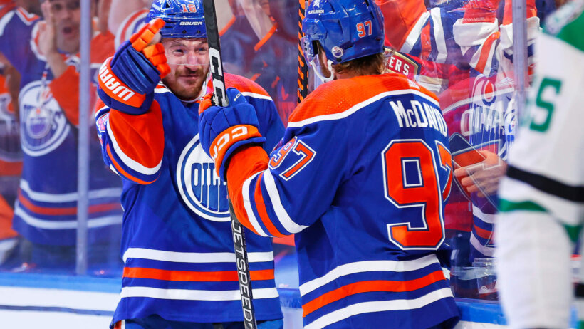 The Edmonton Oilers celebrate a goal scored by forward Zach Hyman