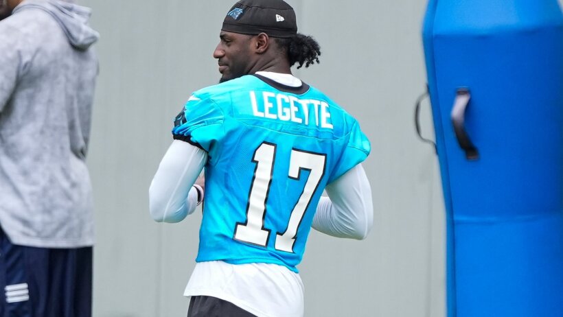 Xavier Legette on the sideline at Panthers OTAs