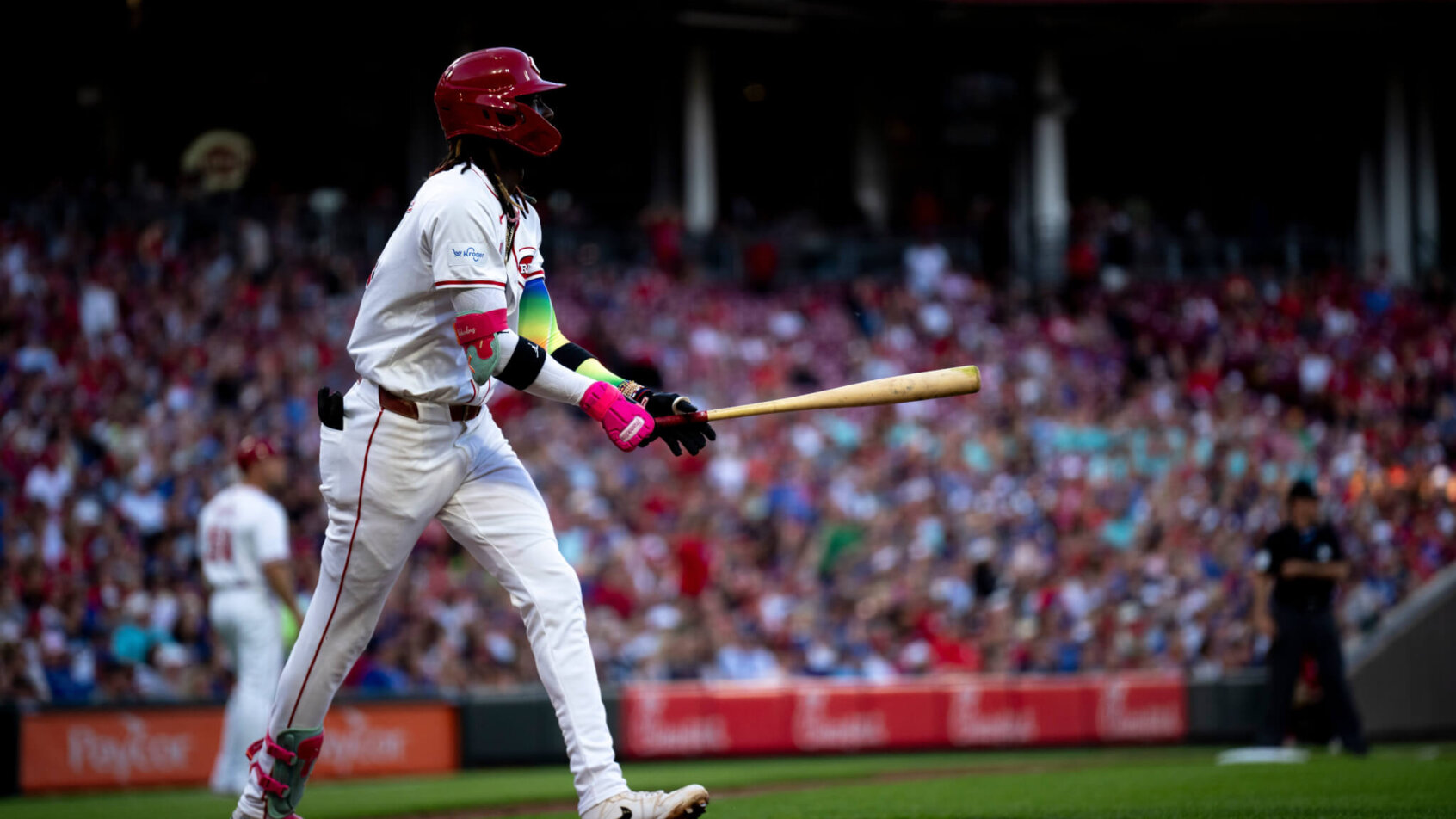 Elly De La Cruz admiring his hit with the bat still in his hands