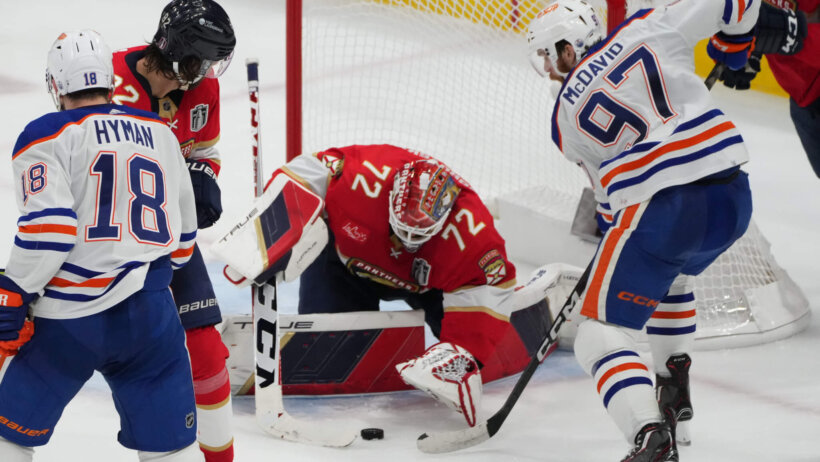 Edmonton Oilers forward Connor McDavid tries to score on Florida Panthers goaltender Sergei Bobrovsky