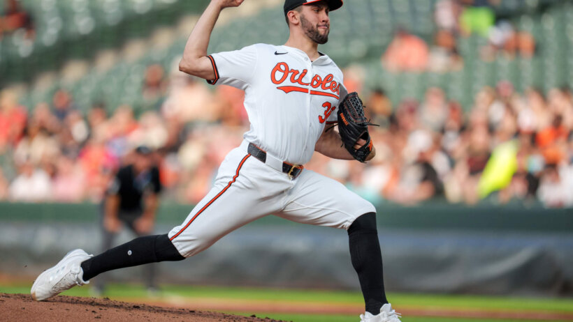 Baltimore Orioles pitcher Grayson Rodriguez throws a pitch