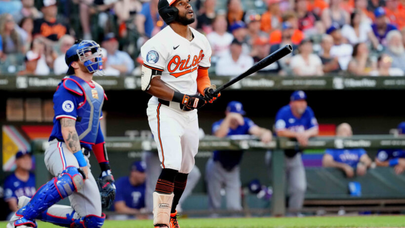 Baltimore Orioles outfielder Cedric Mullins watches his home run leave the park