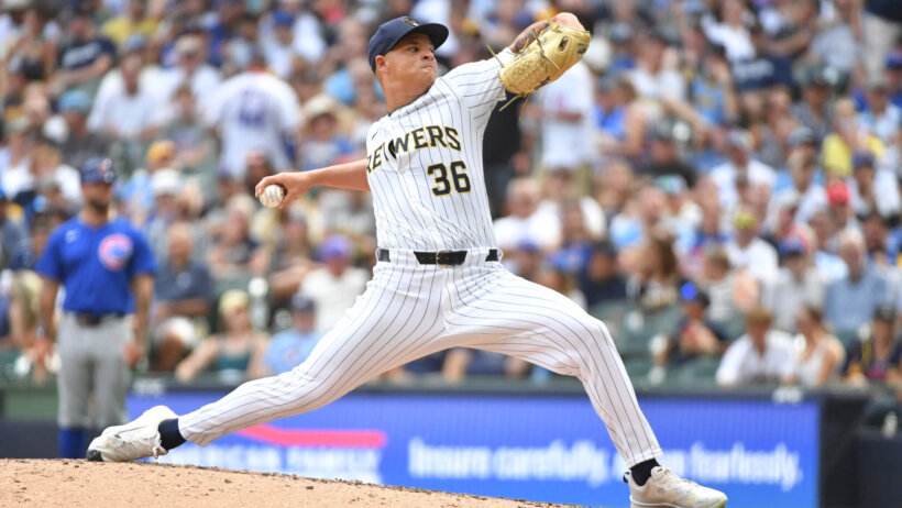 Milwaukee Brewers pitcher Tobias Myers mid-delivery