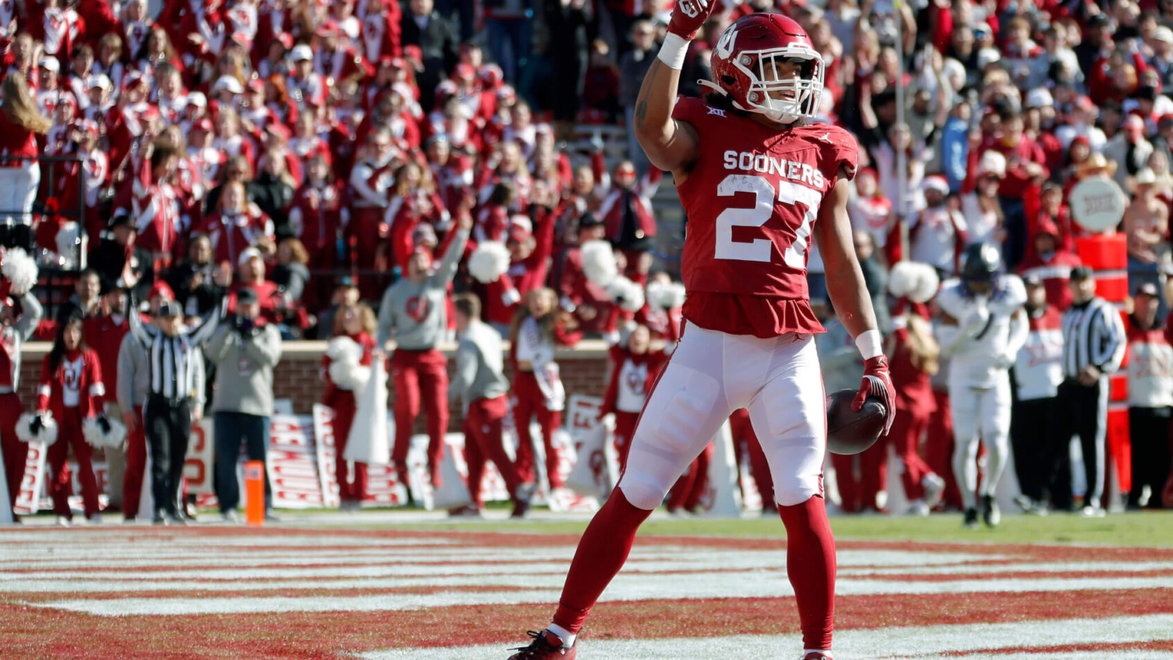 Oklahoma Sooners running back Gavin Sawchuk celebrates after a touchdown