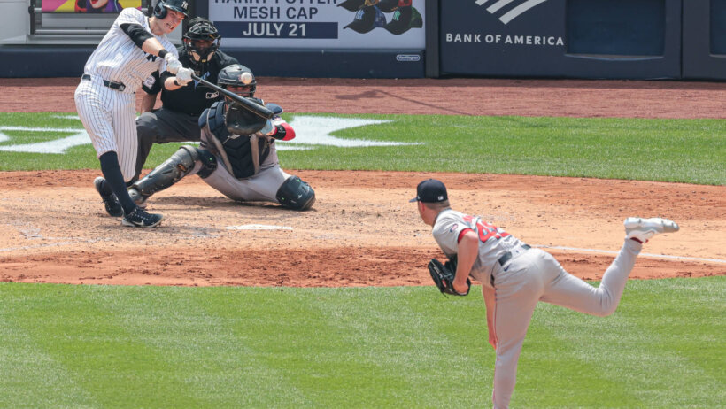 New York Yankees first baseman Ben Rice hitting a home run off Boston Red Sox relief pitcher Chase Anderson