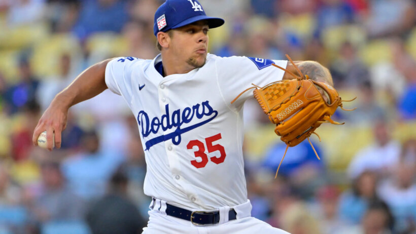 Los Angeles Dodgers pitcher Gavin Stone delivers to the plate