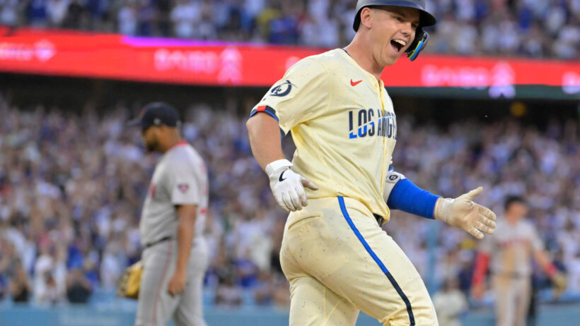 Los Angeles Dodgers catcher Will Smith smiles after hitting a walk-off single against the Boston Red Sox