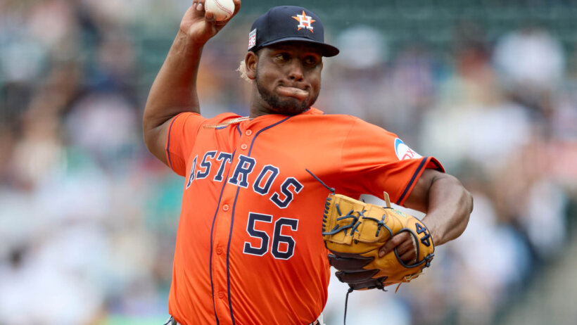 Houston Astros starting pitcher Ronel Blanco throws
