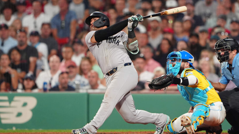 New York Yankees second baseman Gleyber Torres hitting a go-ahead double against the Boston Red Sox