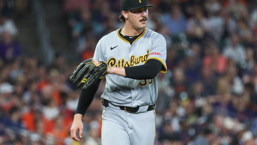 Pittsburgh Pirates starting pitcher Paul Skenes reacts