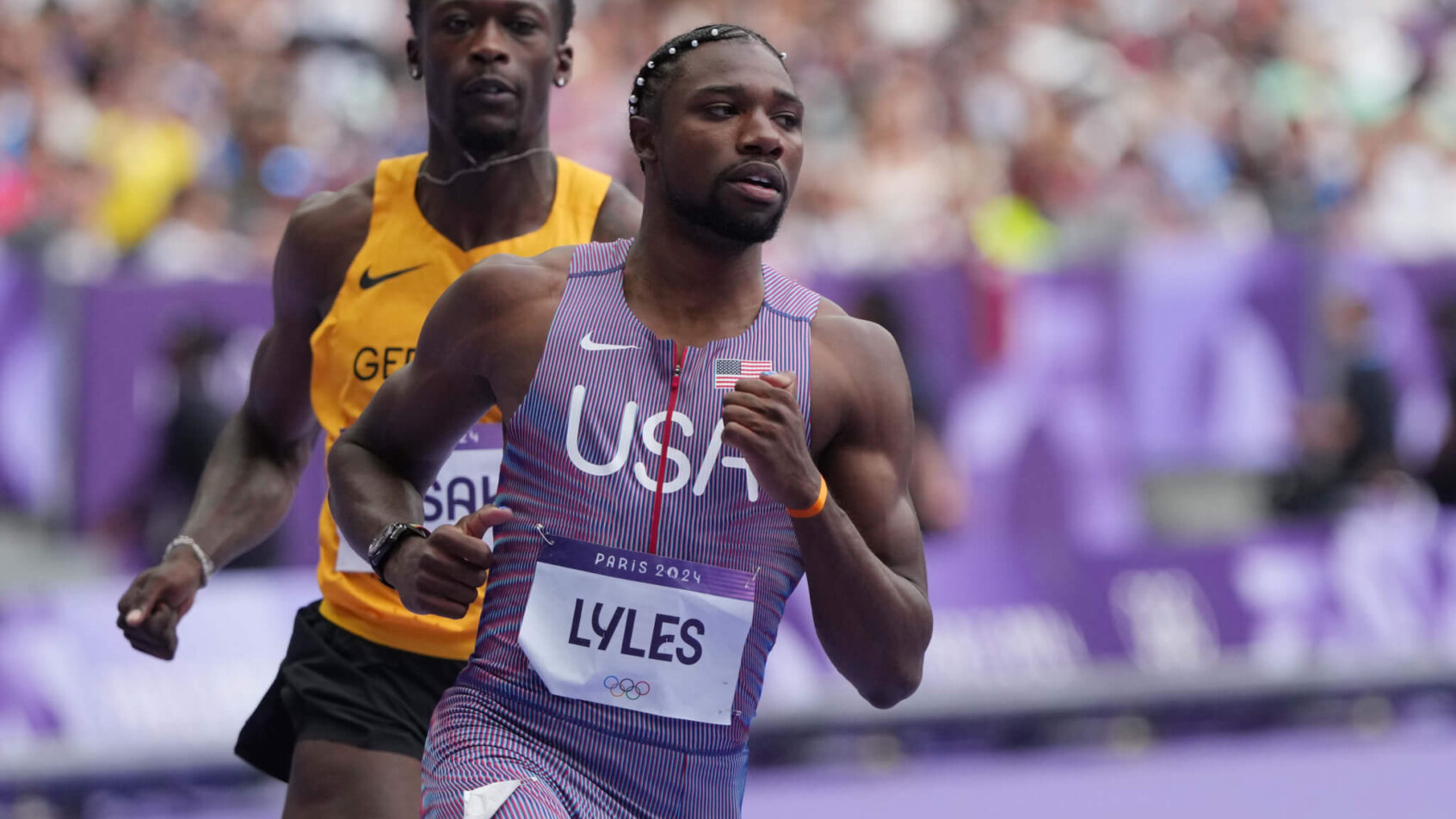 Noah Lyles on the track at the 2024 Paris Olympics