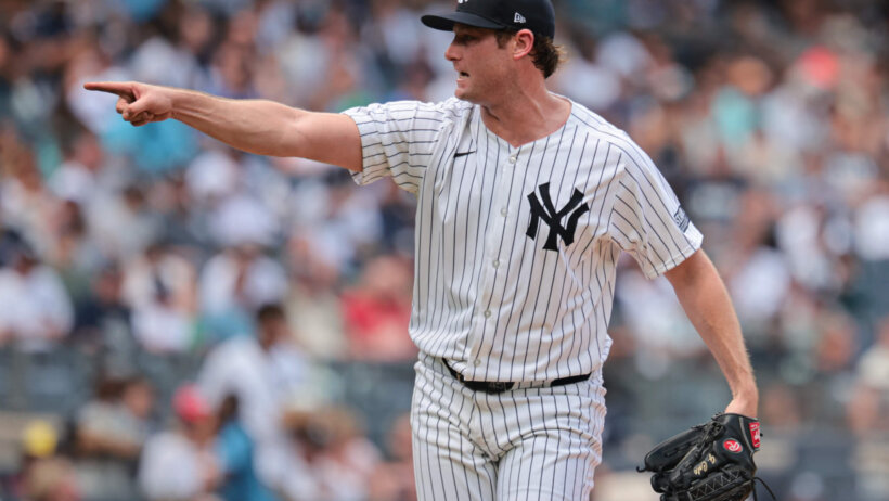 New York Yankees starting pitcher Gerrit Cole pointing at home plate