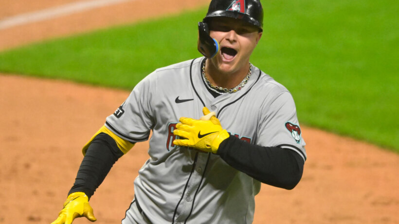 Arizona Diamondbacks pinch hitter Joc Pederson celebrates a home run against the Cleveland Guardians