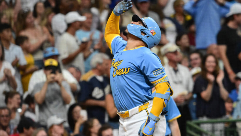 Milwaukee Brewers designated hitter William Contreras celebrates after a home run