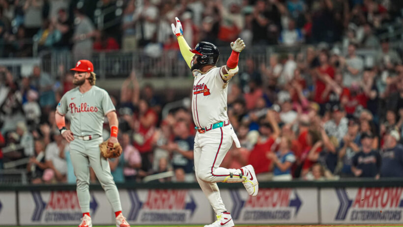 Atlanta Braves designated hitter Marcell Ozuna rounds the bases after hitting a home run against the Philadelphia Phillies