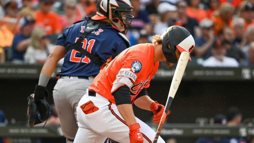 Baltimore Orioles shortstop Gunnar Henderson striking out