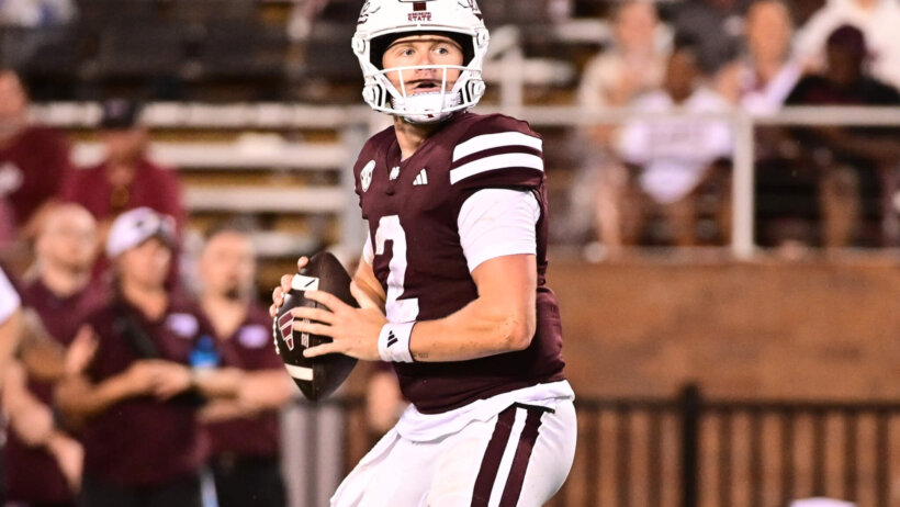 Mississippi State Bulldogs quarterback Blake Shapen drops back to pass