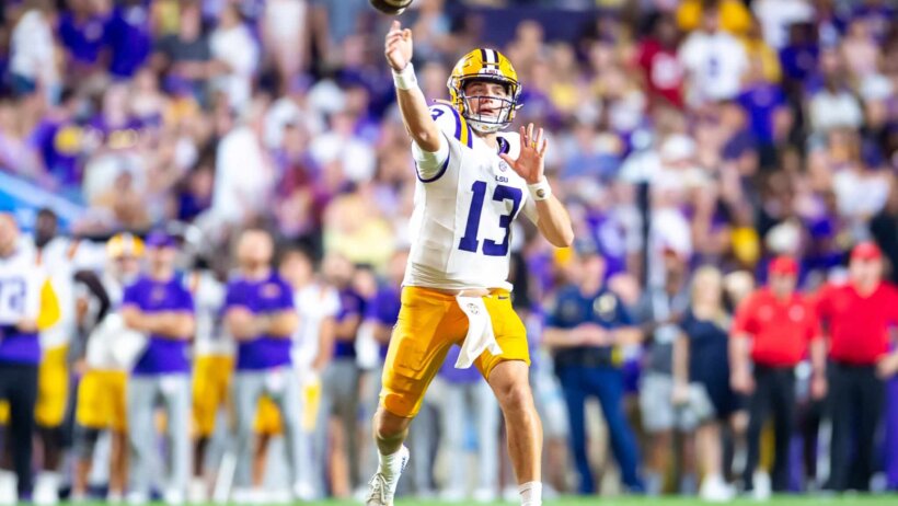 LSU quarterback Garrett Nussmeier throws a pass