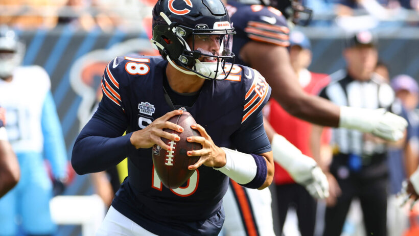 Chicago Bears quarterback Caleb Williams drops back to pass