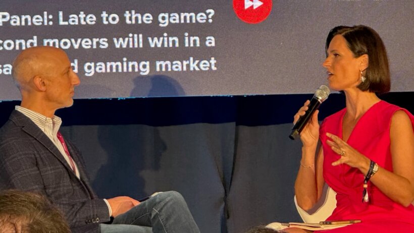 BetMGM CEO Adam Greenblatt (left) speaks with CNBC's Contessa Brewer (right) at the SBC Summit North America.