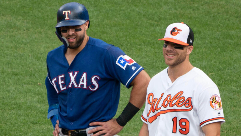 Joey Gallo chatting with Chris Davis