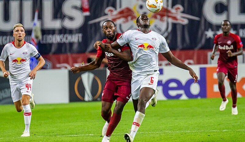 Red Bull Leipzig's Ibrahima Konate tries to control the ball