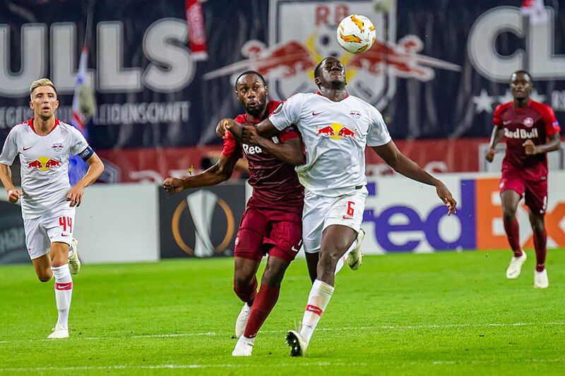 Red Bull Leipzig's Ibrahima Konate tries to control the ball