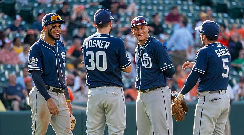 San Diego Padres players talking on the field