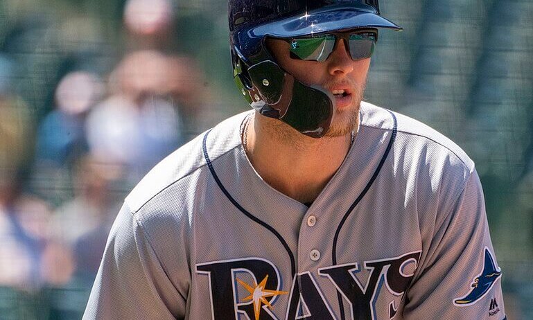 Closeup of Austin Meadows on the bases