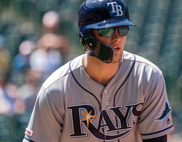 Closeup of Austin Meadows on the bases