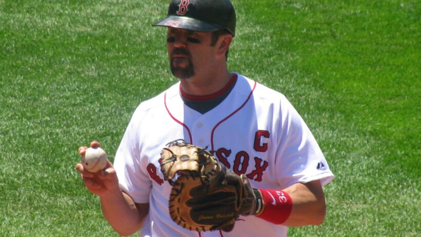 Former Red Sox catcher Jason Varitek warming up
