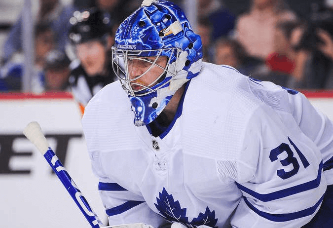 Frederik Andersen in goal for the Leafs