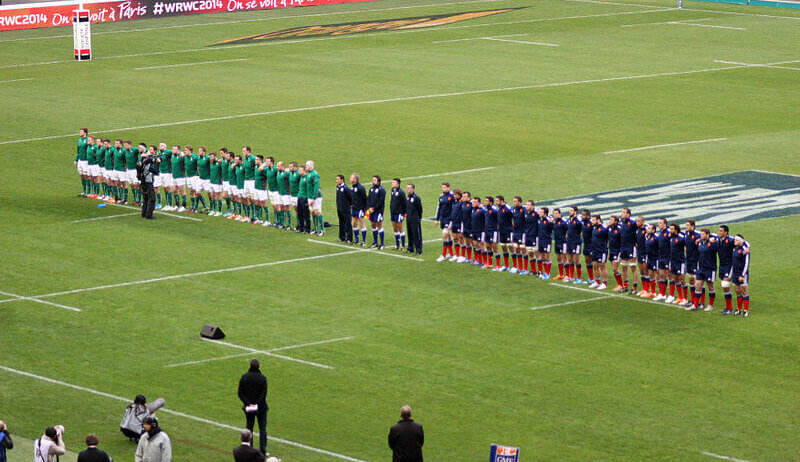 France and Ireland stand at attention for the national anthems