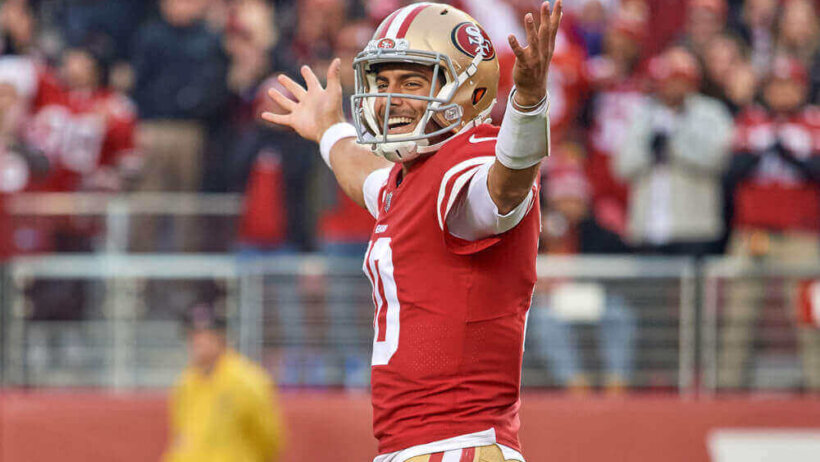 Jimmy Garoppolo celebrating a TD pass