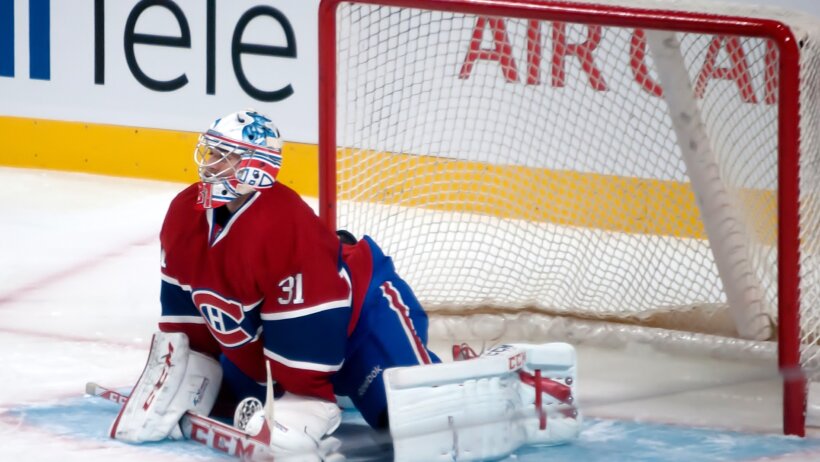 Montreal Canadiens goalie Carey Price in his crease stretching