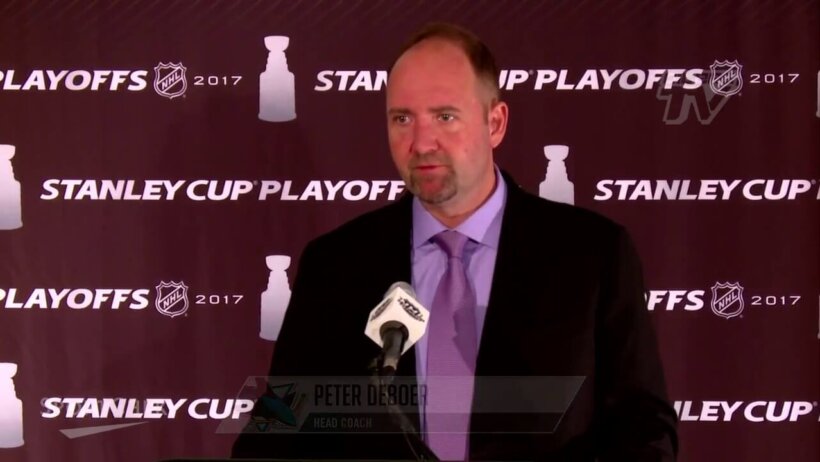 San Jose Sharks' coach Peter DeBoer speaks to the media during the 2017 Stanley Cup Playoffs