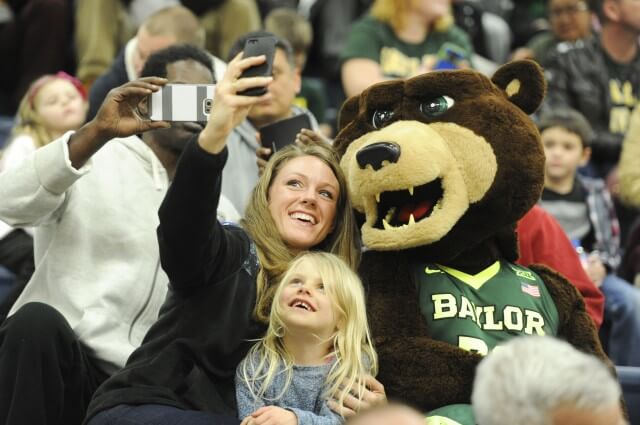 Baylor Bears mascot taking a selfie.
