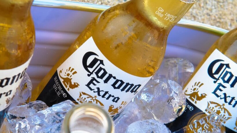 Bucket of Corona beer in an ice bucket.