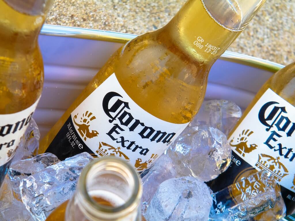 Bucket of Corona beer in an ice bucket.