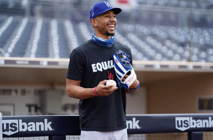 Mookie Betts laughing on the field