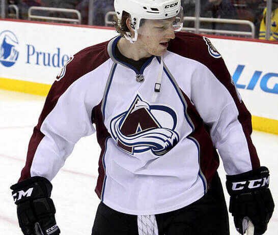 Nathan MacKinnon during warmup
