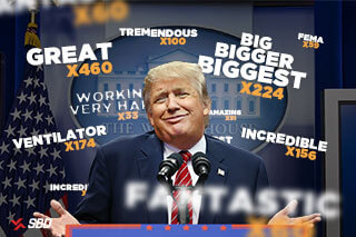 donald trump shrugging with descriptor words floating around
