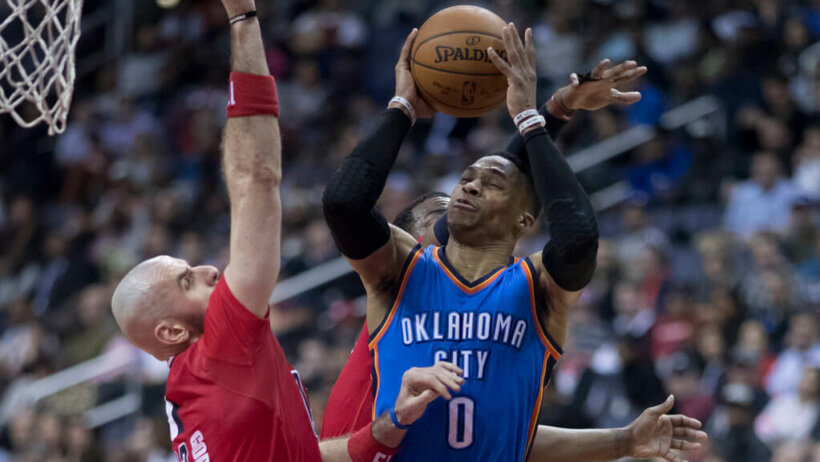 Russell Westbrook rises up for a shot.