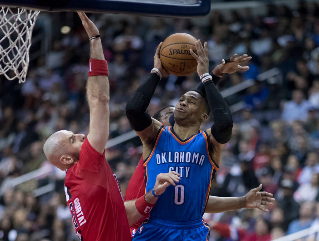 Russell Westbrook rises up for a shot.