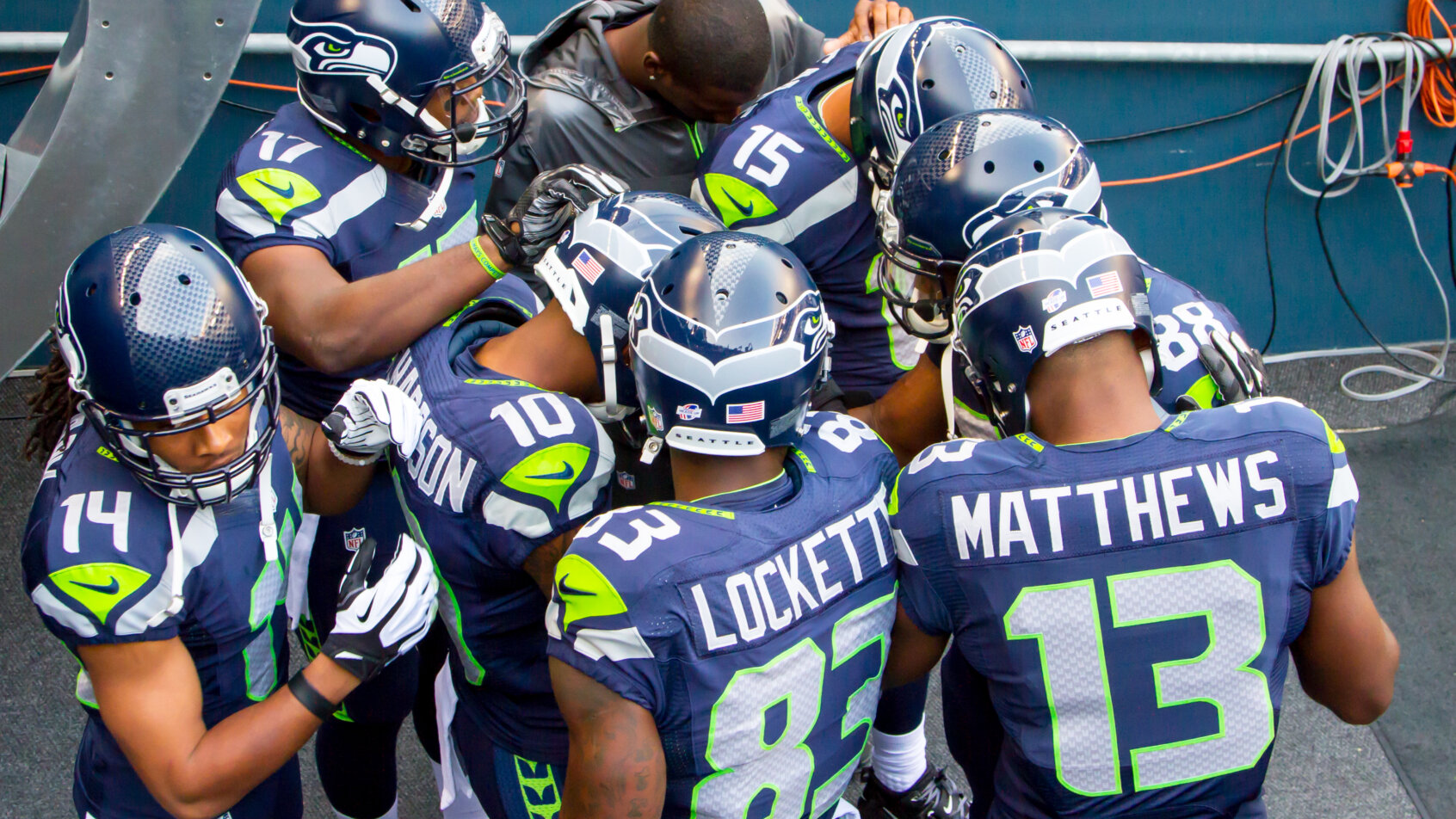 Seahawks in a huddle