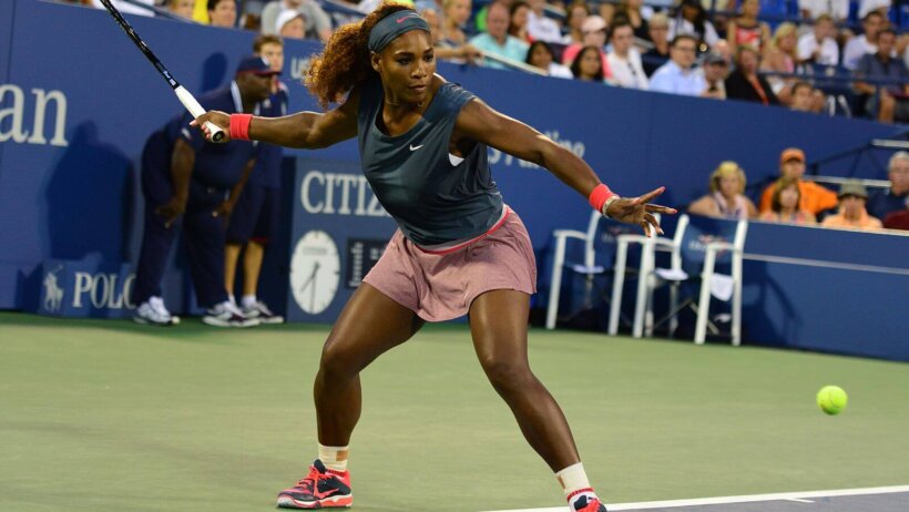 Serena Williams hitting a forehand.