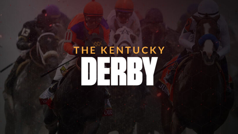 The Kentucky Derby text overlay on horse racing image